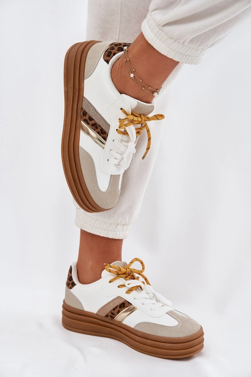 Sneakersy Damskie Na Platformie Z Podwójnym Sznurowaniem Panterka Białe Niteria