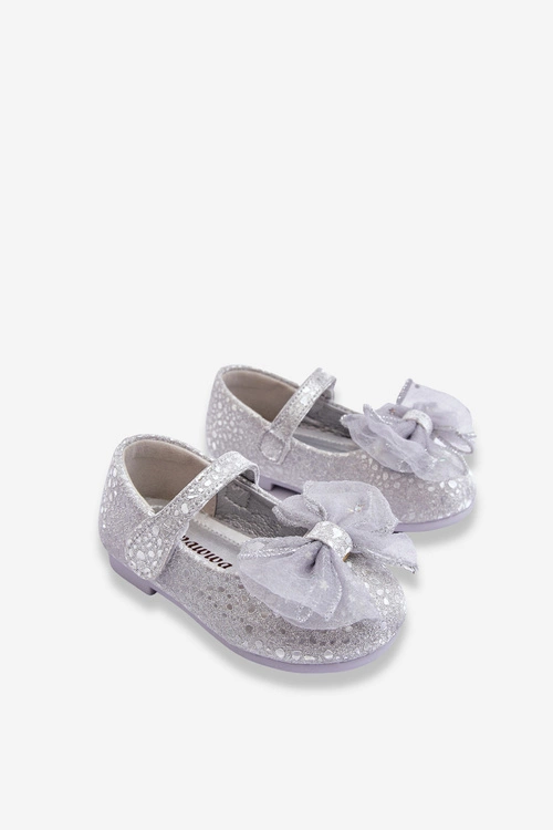 Dziecięce Balerinki Z Kokardą I Brokatem Na Rzep Srebrno-Szare Elisa