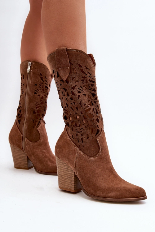 Zazoo 3414 Damskie Ażurowe Botki Na Słupku Zamszowe Brązowe