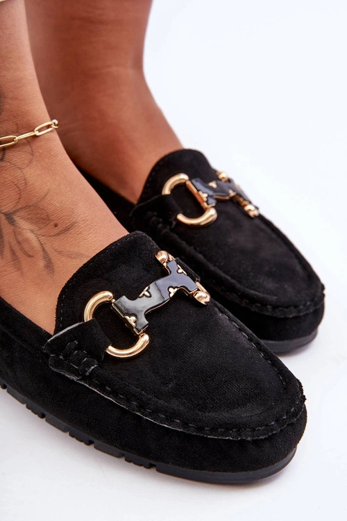 Zamszowe Mokasyny Damskie Z Ozdobą Czarne Dionira