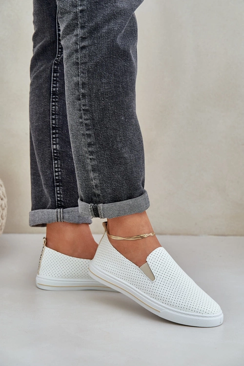 Wsuwane Eko Skórzane Damskie Tenisówki Trampki Z Napisem Jasnobeżowe Zalinne