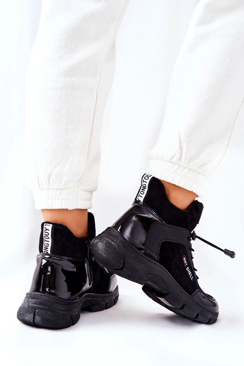 Wysokie Skórzane Ocieplane Buty Sportowe Czarne Merit