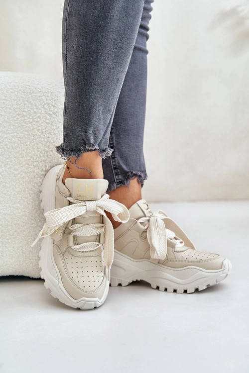 Damskie Skórzane Sneakersy Beżowe CheBello 4583