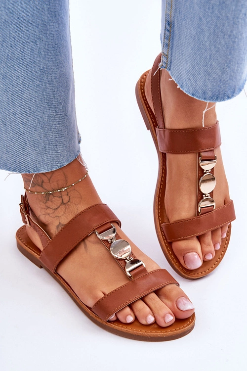 Damskie Płaskie Sandały Z Ozdobnym Paskiem Brązowe Berry