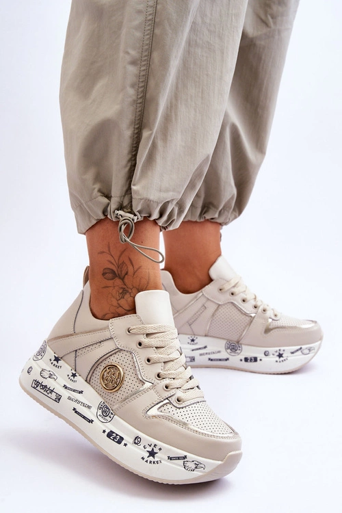 Damskie Skórzane Sneakersy Na Masywnej Platformie Beżowe Asturia