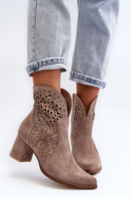 Zazoo 3166/P Damskie Ażurowe Botki Na Obcasie Zamszowe Beżowe