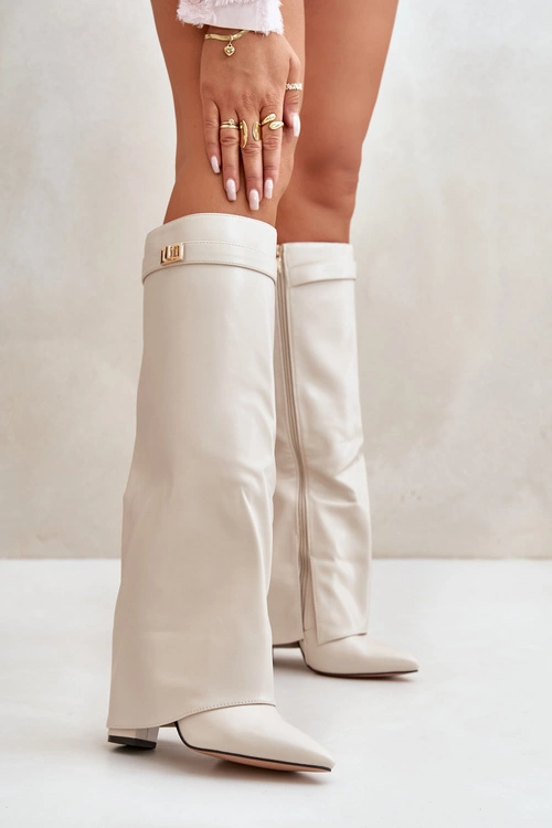 Kozaki Damskie Eko Skórzane Z Wywiniętą Cholewką Na Słupku Jasnobeżowe Avamora