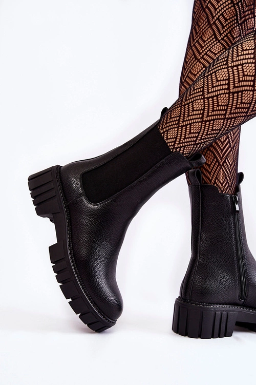 Skórzane Damskie Botki Na Platformie Czarne Bente