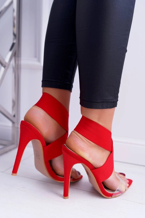Sandały Damskie Na Obcasie Szeroki Pasek Czerwone Lights