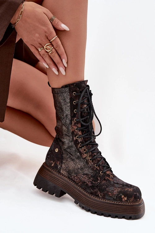 Damskie Skórzane Botki Workery Maciejka 06203-32 Brązowo-Złote