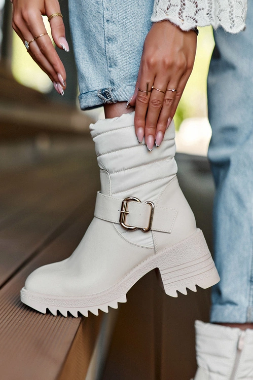 Ocieplane Skórzane Botki Z Klamrą Beżowe Osonia