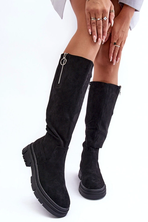 Zamszowe Kozaki Na Płaskim Obcasie I Platformie Czarne Nesina