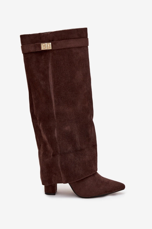 Kozaki Eko Zamszowe Obcas Słupek Na Zamek Ocieplane Wywinięta Cholewka Czekoladowe Evyra