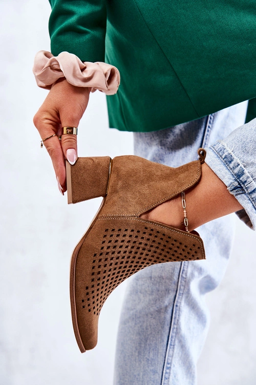 Zamszowe Ażurowe Botki Lewski Shoes 3165 Camel