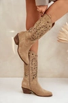Zamszowe Kozaki Z Ażurową Cholewką Zazoo 3714 Beżowe