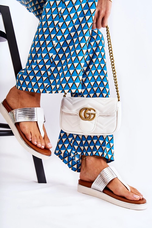 Damskie Klapki Japonki Na Platformie Biało-Srebrne Morissa