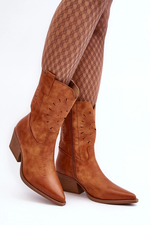 Skórzane Botki Kowbojki Na Niskim Obcasie Camel Ursuline