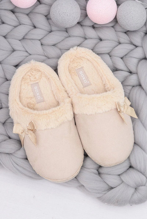 Klapki Damskie Z Futerkiem I Kokardką SOXO Beżowe