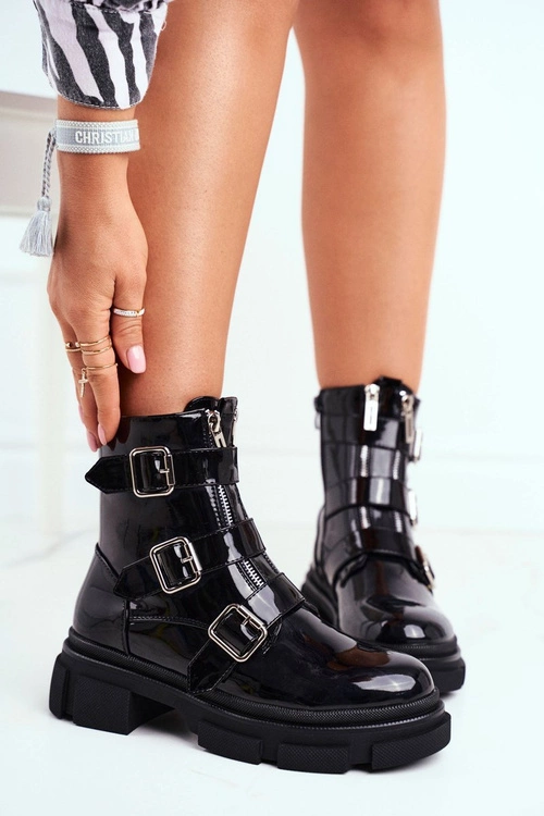 Botki Damskie Klamry Suwaki Lakierowane Czarne Kassandra