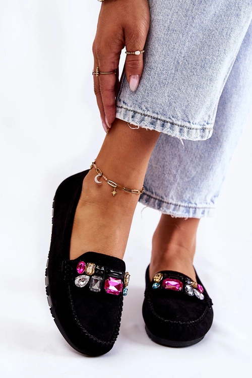 Damskie Zamszowe Mokasyny Z Ozdobami Czarne Janetta