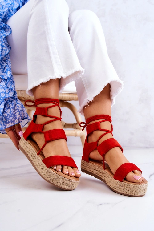 Damskie Wiązane Sandały Na Platformie Czerwone Amrillo