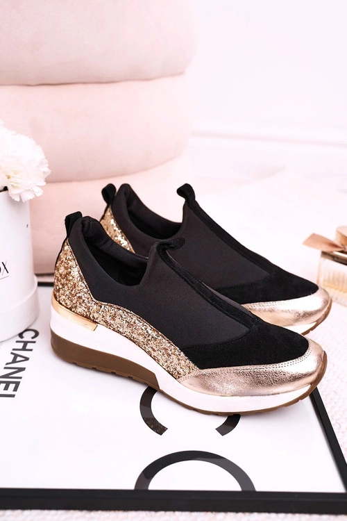 Damskie Skórzane Sneakersy Na Koturnie Czarne Złote Frances