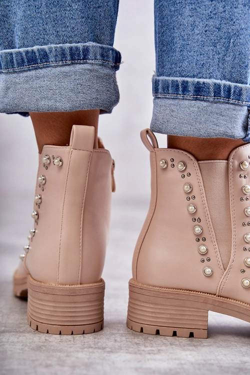 Skórzane Botki Workery Beżowe Ferra