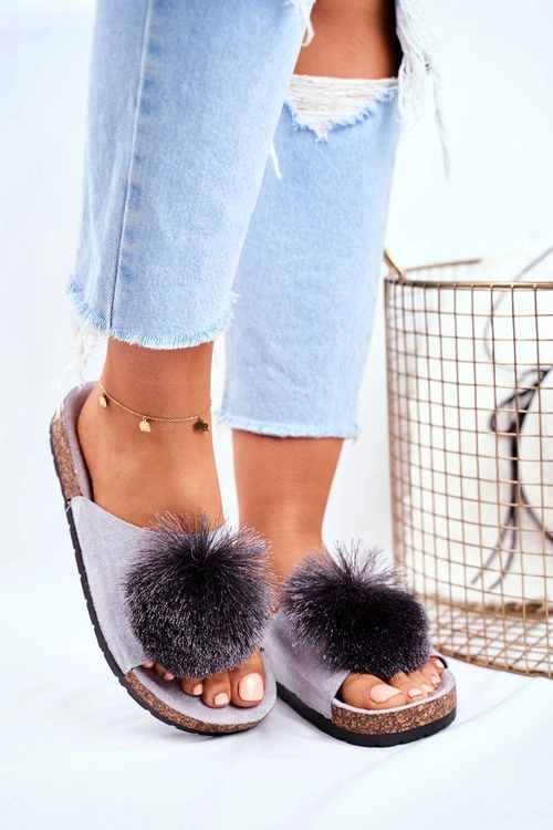 Damskie Szare Klapki Na Korku z Pomponem Galaxo