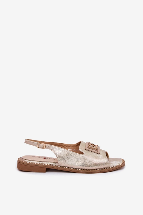 Eleganckie Sandały Damskie Na Płaskim Obcasie Z Ozdobą S.Barski KV51-082 Złote