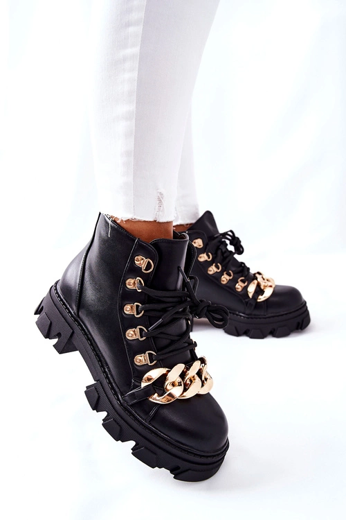 Damskie Ciepłe Trapery Botki z Łańcuchem Czarne Labri