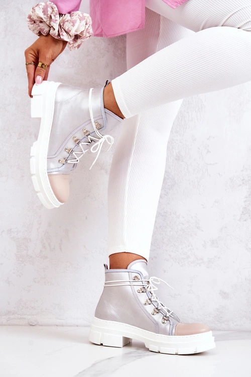 Botki Trapery Skórzane Srebrne Letty