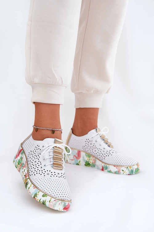 Skórzane Półbuty Damskie Na Koturnie Artiker 56C1800 Biało-Złote