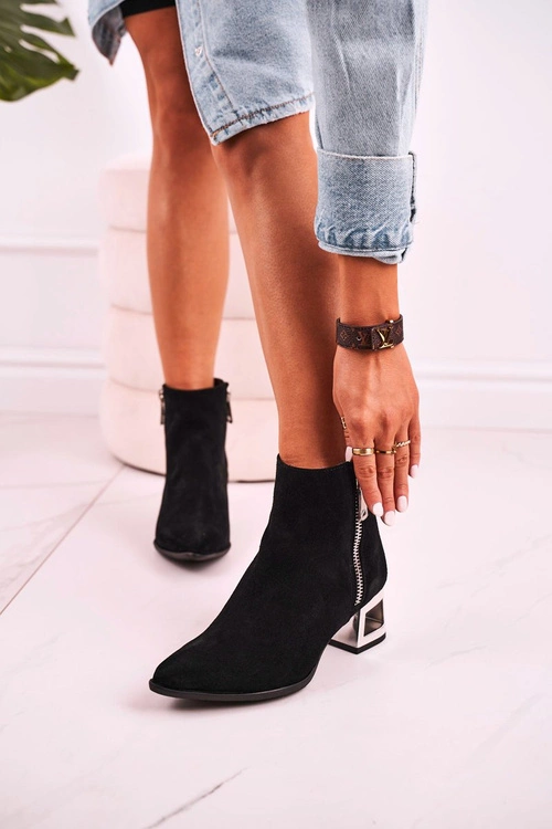 Damskie Botki Na Srebrnym Obcasie Zamszowe Czarne Norah