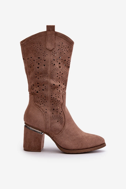 Kozaki Kowbojki Damskie Ażurowe Na Obcasie Słupku Eko Zamszowe Brązowe S.Barski HY42-028