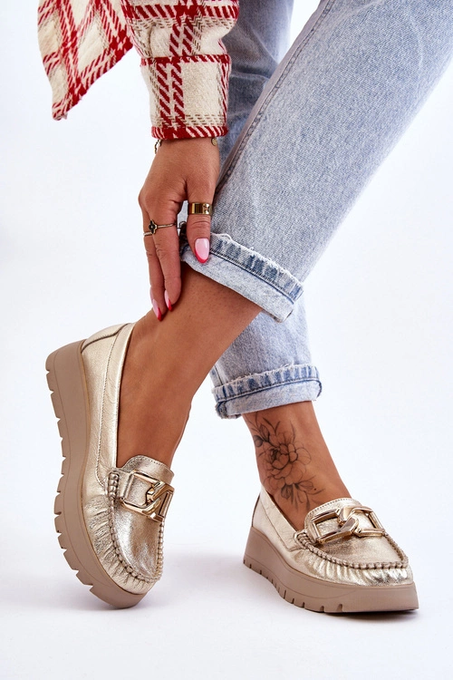 Zazoo 10141 Skórzane Mokasyny Na Platformie Z Ozdobą Złote