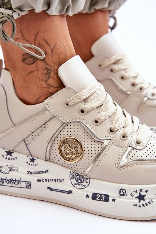 Damskie Skórzane Sneakersy Na Masywnej Platformie Beżowe Asturia