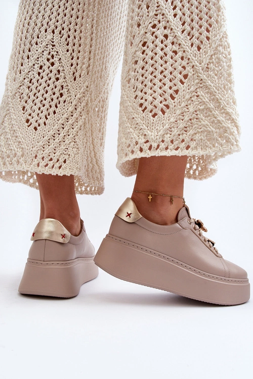 Damskie Skórzane Sneakersy Z Ozdobami CheBello 4292 Beżowe