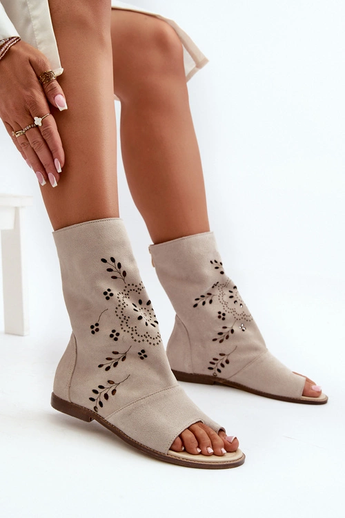 Zazoo 3437 Damskie Zamszowe Sandały Z Cholewką Na Zamek Jasnobeżowe