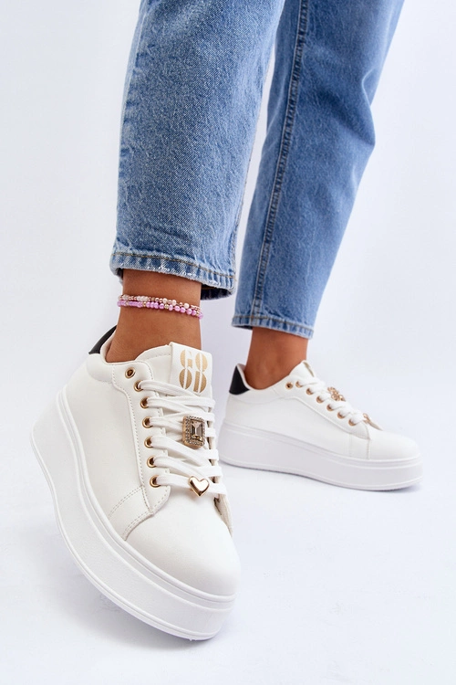 Sneakersy Damskie Na Platformie Z Ozdobami Białe Herbisa