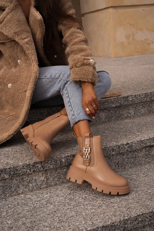 Ocieplane Botki Damskie Eko Skórzane Ze Złotą Ozdobą Beżowe Erivianes