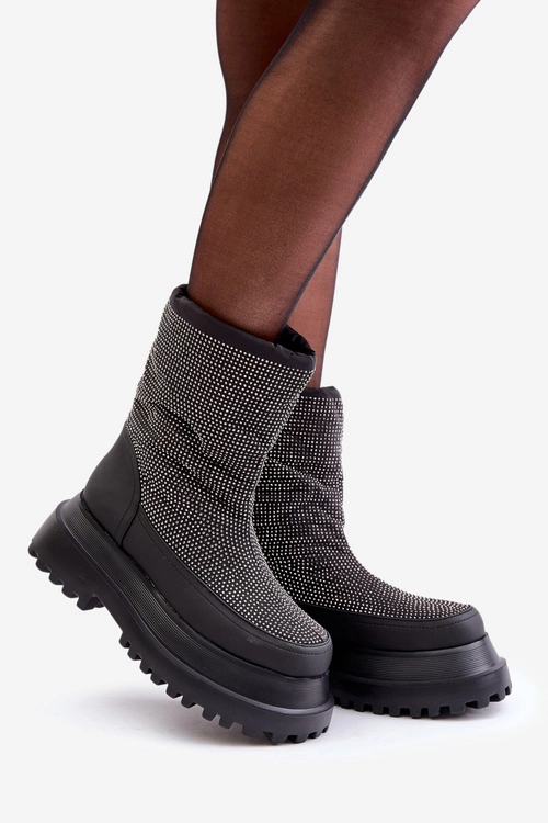 Zdobione Śniegowce Na Platformie I Płaskim Obcasie Czarne Avivina