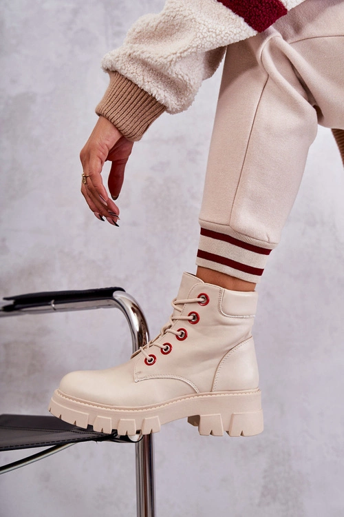 Skórzane Botki Workery Na Suwak Beżowe Messa