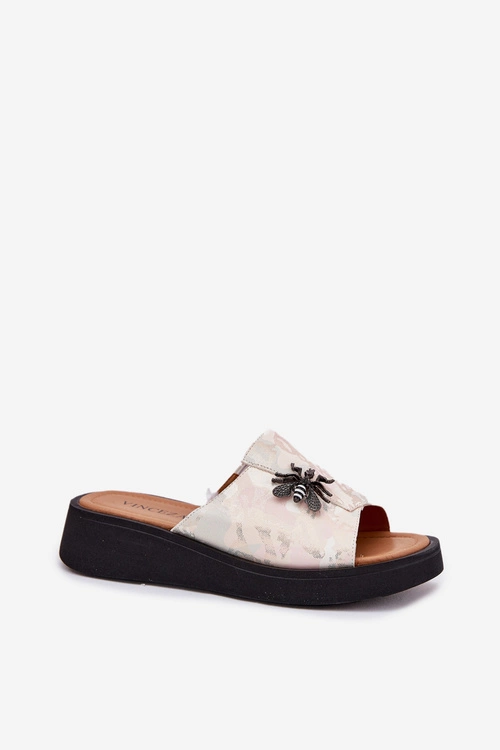 Skórzane Klapki Damskie Z Broszką Vinceza 66752 Beżowe