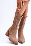 Damskie Zamszowe Ażurowe Kozaki Beżowe Adelia