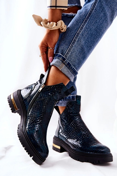 Skórzane Botki Ocieplane Krokodyl Zielone Tanya