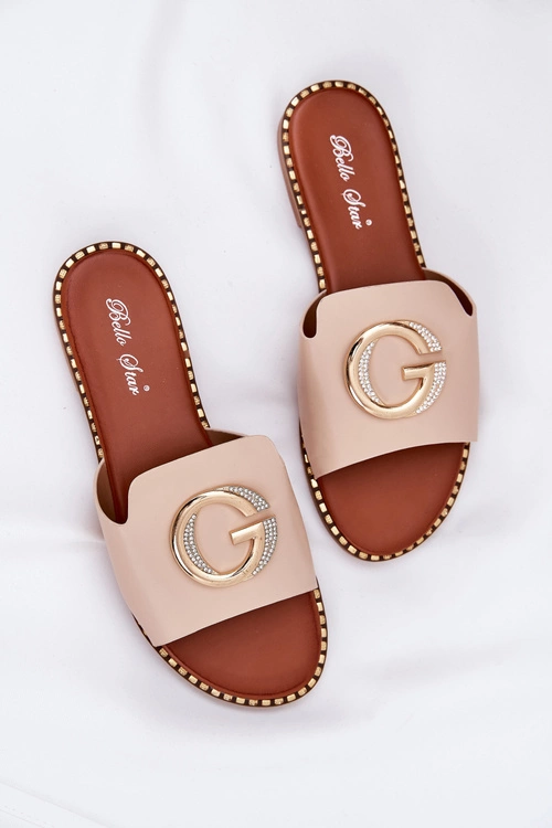 Eko Skórzane Płaskie Klapki Damskie Z Ozdobnym Detalem Beżowe Frelie