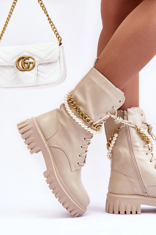 Skórzane Wysokie Workery Z Łańcuszkiem Beżowe Nameer