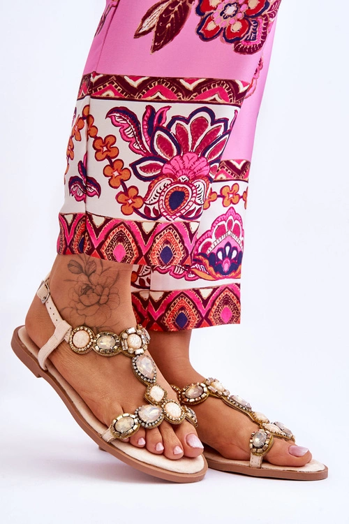 Zamszowe Płaskie Sandały Z Kamieniami Beżowe Dallas