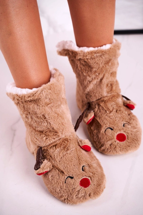 Świąteczne Papcie Z Reniferem Ocieplone Kożuszkiem Beżowe Rudolph