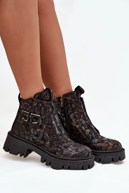 Skórzane Botki Damskie Z Ozdobą Ocieplane Artiker 57C2084 Czarno-Złote